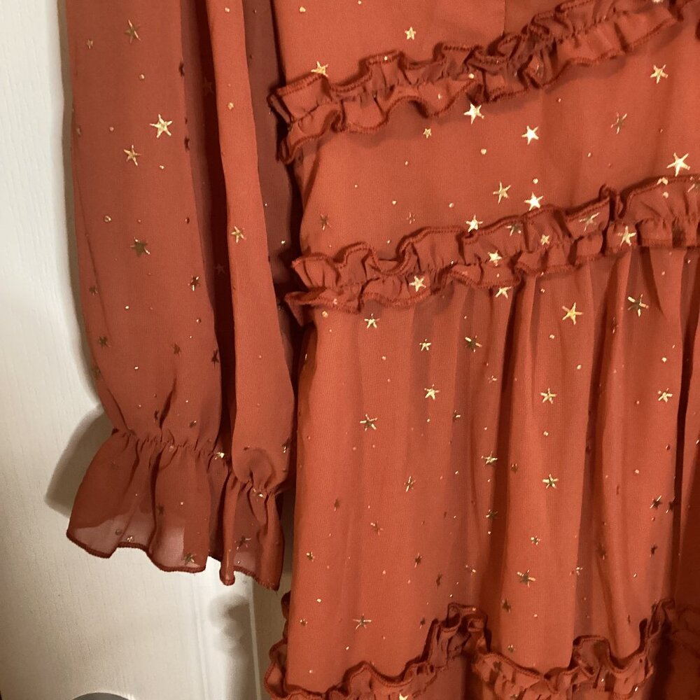 Women's Rusty Glitter Stars Backless Ruffle Sheer Dress Mini V Neck - Picture 5 of 13